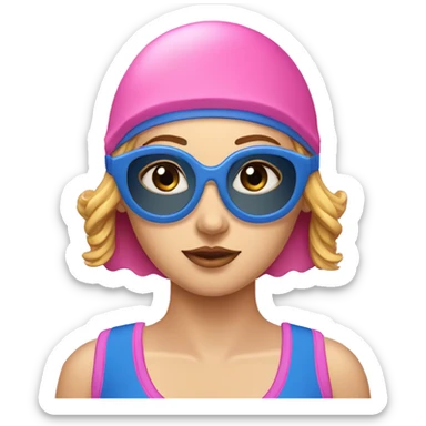Lady pink swimming cap black lenses googles blue swimsuit  sticker
