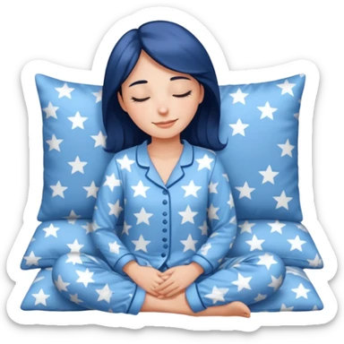 {
      "type": "human",
      "look": "woman in star-print pyjamas, soft blue set, sleepy smile",
      "description": "a woman in soft blue star-print pyjamas smiling sleepily"
    } sticker