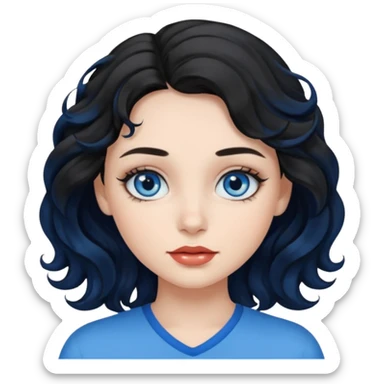 a girl with blue eyes, black wavy hair, clean girl makeup sticker