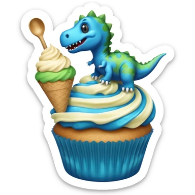 A cupcake having blue and black icing and a dinosaur as a decoration and ice cream next to it sticker