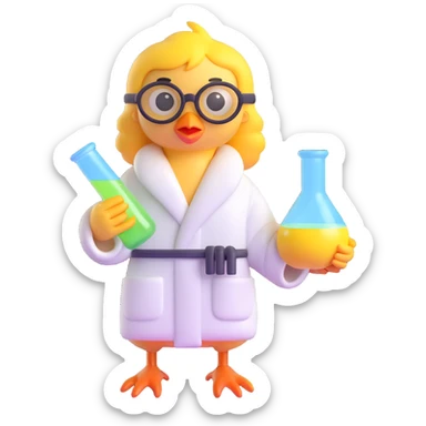 Add scientist glasses to the cartoon chick in a bathrobe holding chemical flasks and tubes, 3D style, no background. sticker