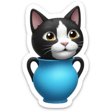 the head of a smiling black and white cat emerging from a blue vase sticker