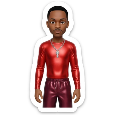 Ginuwine with black short hair, red metallic sleeve shirt, burgundy metallic baggy pants, silver necklace sticker