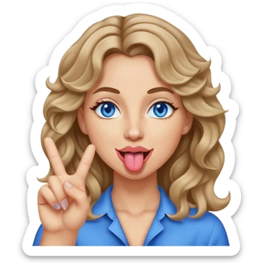 Woman with dark blonde wavy hair blue eyes sticking tongue out giving peace sign sticker