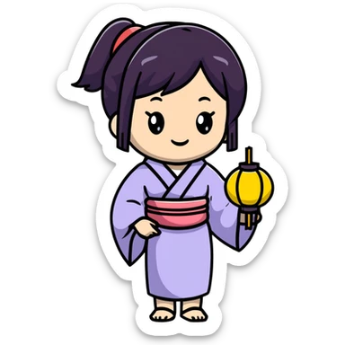 Cute Japanese high school girl in yukata at school summer festival with paper lanterns sticker