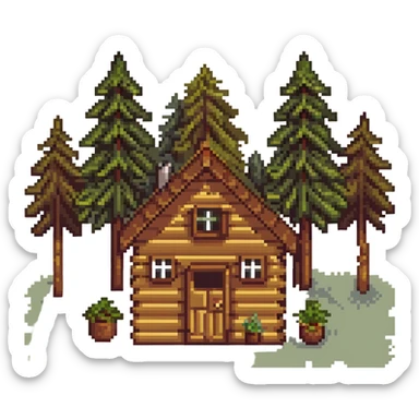 wooden cabin in forest clearing with small garden sticker