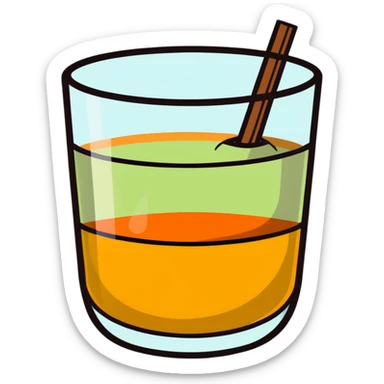 small transparent glass with layered carajillo - yellow-orange liquor visible at bottom, coffee layer on top, with cantaloupe melon slice alongside sticker