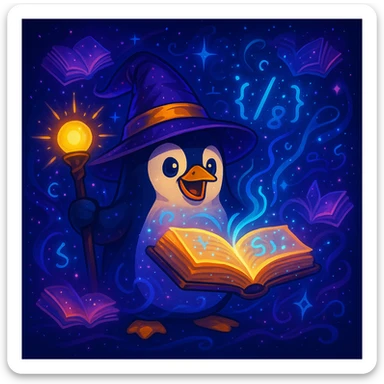 Make the penguin wizard scene even more magical, with glowing runes, swirling sparkles, floating spellbooks, and a shimmering aura around the penguin and spellbook. Enhance the magical atmosphere with vibrant mystical effects. sticker