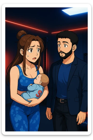 ispirati a questo stile di disegno e fai questa immagine in versione manga/webtoon a colori, il manga mostra la donna preoccupata con un neonato in braccio con una tutina azzurra e la scritta "S" sulla schiena, la donna gli sta facendo una domanda all'uomo, ma non fare i fumetti, fai come se stessero parlando sticker