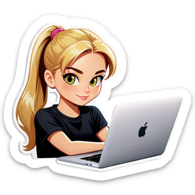 Blonde girl ponytail macBook and a cat sticker