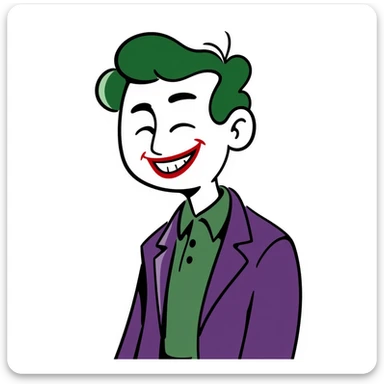 The Joker villain full body with green hair, purple suit, white face, red lips, maniacal laugh sticker