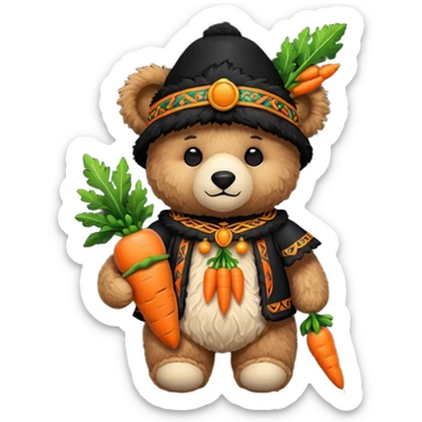 teddy bear, wearing black mayan ancient custome, with carrot sticker