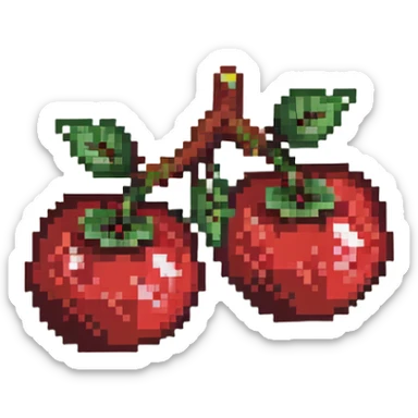 Pixel art of two red cherries on a brown branch with green leaves sticker