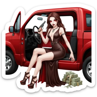 Lilith symbol red eye seductress evil long brown haired sexy succubus woman with leather long dress with slit on, sitting in Big Large F350 pickup truck. Platform long high heels on feet. Back seat full of stacks of cash, she is  Holding a man dead human skull of her enemies and a gun in other hand sticker
