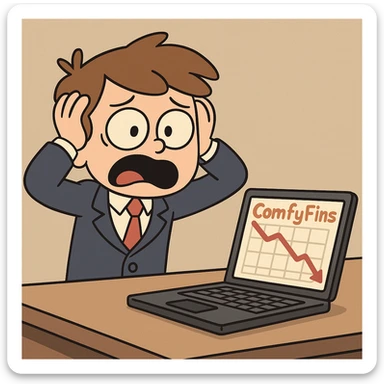 young business kid, founder of ComfyFins, shocked as his business crashes, cartoon style sticker