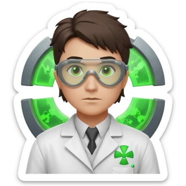 nuclear scientist portrait, head and shoulders only, wearing lab coat collar, protective goggles, glowing green radiation symbol badge, serious expression, sci-fi laboratory vibe, 3D cartoon, mobile game icon style, clean background, no text, no watermark
 sticker