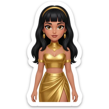 Cleopatra with hazel eyes, long black hair, gold metallic sweetheart crop top, gold metallic long asymmetrical skirts, gold necklace and earrings sticker