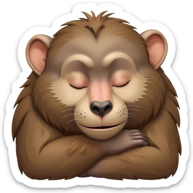 Meme-Worthy Cute Sleeping Baboon Portrait Emoji, Head resting peacefully with a contented smile, showcasing a robust build and a luxuriously soft Fur of earthy browns, eyes shut in a serene, restful nap, Simplified yet hilariously adorable features, highly detailed, glowing with a soft, drowsy light, high shine, relaxed and utterly lovable, stylized with an air of playful laziness, bright and heartwarming, soft glowing outline, capturing the essence of a comically sleepy baboon, so meme-worthy it feels like it could instantly become the next viral sensation of adorable slumber! sticker