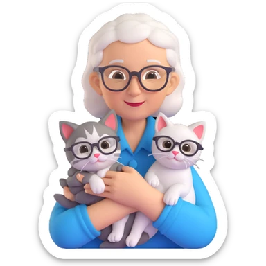 elderly woman with glasses holding a kitten sticker