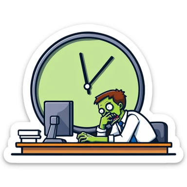 tired zombie office worker staring at clock waiting for break time sticker