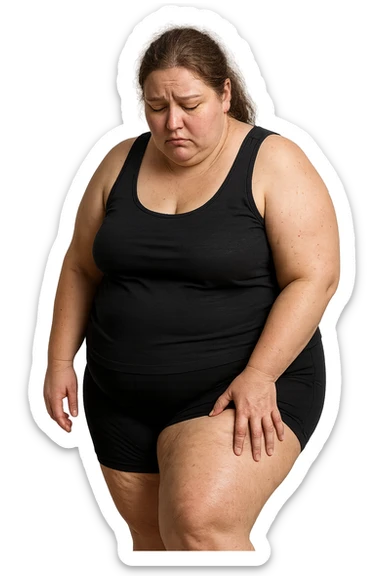 donna grassa che si tocca la coscia con espressione triste, IPERREALISTICA 4K sticker