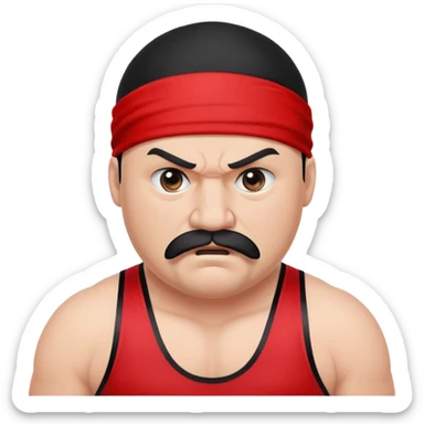 White skin fat guy with prominent black durag, short black beard and mustache, black eyes in a red and black wrestling singlet with angry face sticker