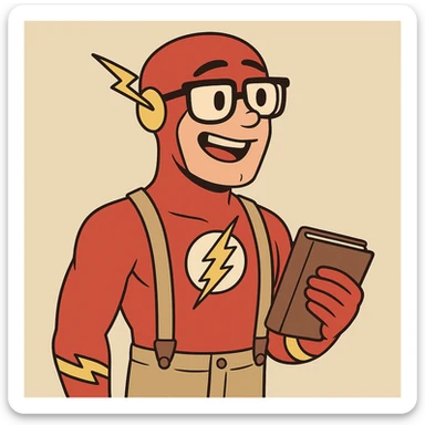 Nerdy version of The Flash, wearing suspenders and holding a book, cartoon style sticker