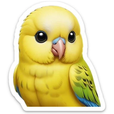 Cinematic Noble Yellow Budgie Portrait Emoji, Poised and regal, with a petite, delicate build and a smooth, well-groomed fur of brilliant yellow feathers, deep-set soulful dark eyes, Simplified yet sharp and sophisticated features, highly detailed, glowing with a soft, dignified glow, high shine, intelligent and charming, stylized with an air of elegance, focused and attentive, soft glowing outline, capturing the essence of a watchful and confident avian companion, so majestic it feels as though it could flutter out of the screen with effortless authority! sticker
