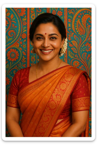 a well-known movie star depicted as an Indian woman in a saree, smiling, colorful background sticker