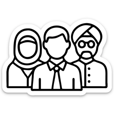 A professional team with visible cultural diversity, including traditional clothing and accessories, outlined icon style sticker