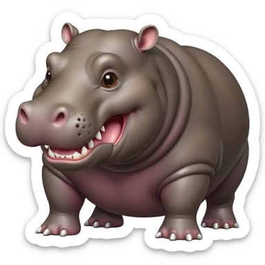 cinematic-hippo-realistic-full-body-side-view-standing-on-all-fours-emoji,-massive-round-frame,-wide-mouthed-grin-exposing-huge-teeth,-head-tilted-dramatically,-thick-greyish-brown-hide-glossy sticker