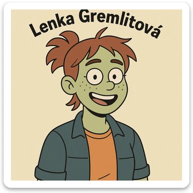 cartoon style portrait of a person named Lenka Gremlitova, cheerful expression, casual outfit, simple background sticker