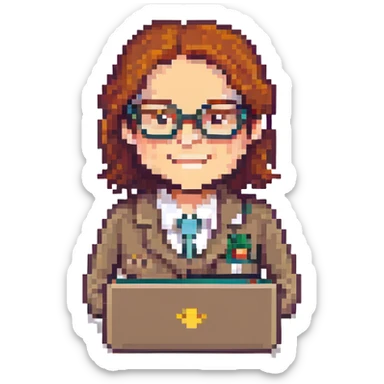8-bit pixel art icon of a recruiter Mega Man style with glasses holding a laptop smiling sticker