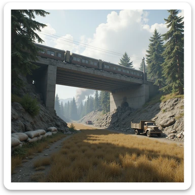  a screenshot of a location in a videogame  the image of the scene consists of:  [above-ground train freeway partially collapsed], a wooded area, a small field of wheat, sandbag barricades. distant smoke. uneven terrain, derelict vintage work trucks, more distant smoke. polluted and war-torn sticker