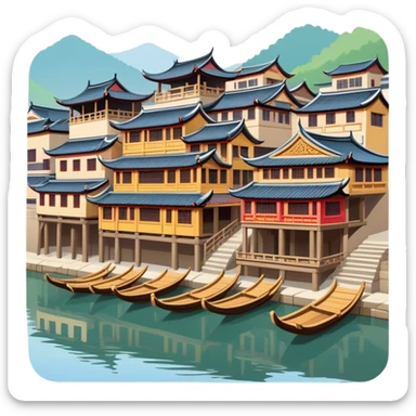 Fenghuang Ancient Town with wooden stilt houses by river, simplified emoji style with bold outlines and bright colors, cartoon style traditional Chinese buildings sticker