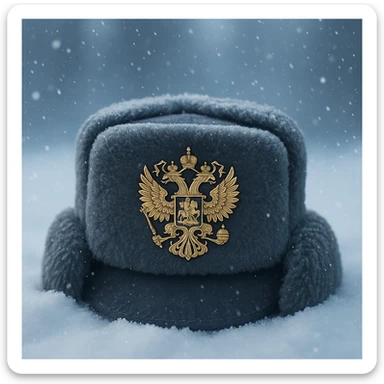 Russian ushanka hat with the emblem of Russia in a snowy background sticker