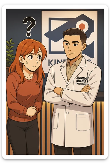 su questo stile fai un manga/webtoon a colori in cui una donna incuriosita fa una DOMANDA ALL'UOMO, l'uomo della foto in stile manga LE risponde, mantieni un ambiente simile alla foto che ho allegato con il suo logo (sarebbe il suo studio, lui è un kinesiologo), scrivigli "ANTONIO ANANIA" sul camice bianco, non mettere fumetti, ma fai in modo che sembri che la donna CHIEDA curiosa E L'UOMO le risponda sticker