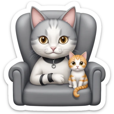 grau weiße Katze sitzt auf einem Sessel mit Stift und Block in der Hand sticker