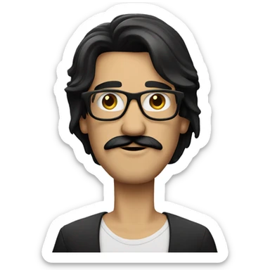 a white man with black, long and straight hair, a black mustache and glasses sticker