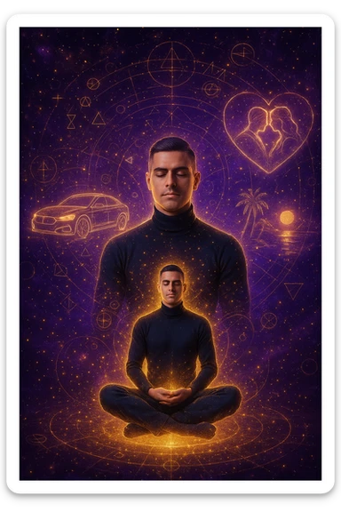 "Un uomo in meditazione fluttuante nello spazio cosmico, circondato da particelle dorate e simboli alchemici. Intorno a lui, oggetti e situazioni dei suoi desideri (auto, viaggi, amore) si materializzano come ologrammi luminosi. Stile cyber-mistico, colori viola e oro." sticker
