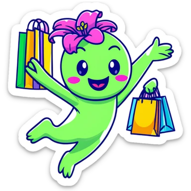pastel magenta lily flower with sparkling eyes and open mouth, jumping with joy while holding shopping bags, round and bouncy sticker