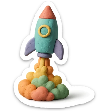 rocket ship blasting off with colorful smoke, matte finish, pastel colors, visible fingerprints, claymation style sticker