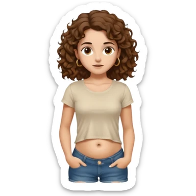 full body, very beautiful italian girl, dark brown eyes, looking like Emma Watson, with curly and big volume very bright brown hair, and a golden piercing ring in nose on left side, pulling up

 sticker