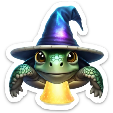 Dark iridescent sea turtle glowing with a wizard hat sticker