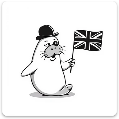 British manatee wearing a bowler hat and monocle, holding a Union Jack flag, hand drawn doodle style sticker