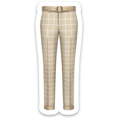 beige dress pants with distinct white grid pattern, formal trousers with clear white check pattern, cuffed hem, tailored pants with white plaid design, isolated garment only sticker