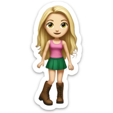 Realistic White girl with Long straight blonde hair, green eyes, tattoos, full body wearing pink dress and Brown knee-high leather boots, dancing sticker