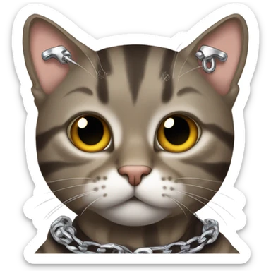 Brown tabby cat with an emo band shirt and a silver chains sticker