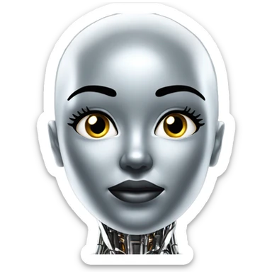 Create a bald female robot in chrome metal color in a futuristic environment sticker