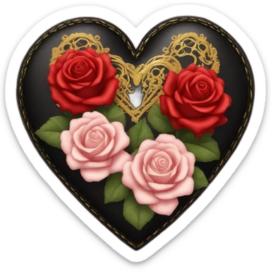 black leather heart and roses with red lace overlay and gold border sticker